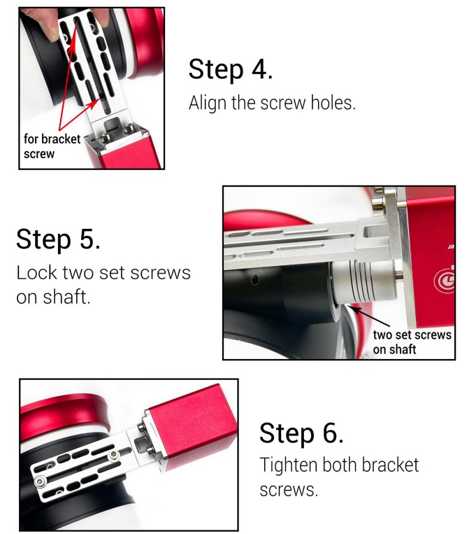 Step 4 Align the screw holes. Step 5 Lock two set screws on the shaft. Step 6 Tighten both bracket screws.