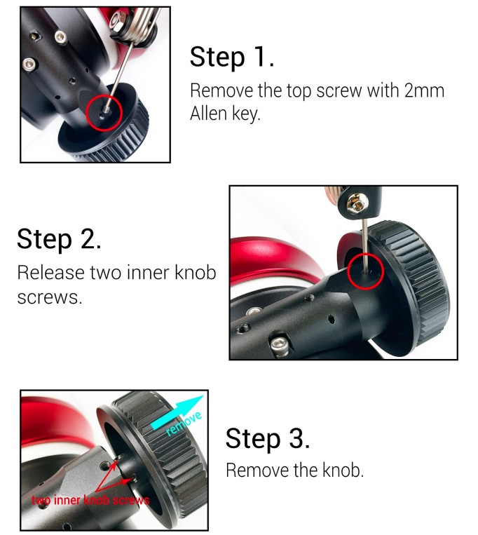 Step 1 Remove the top screw with a 2mm Allen key. Step 2 Release two inner knob screws. Step 3 Remove the knob.