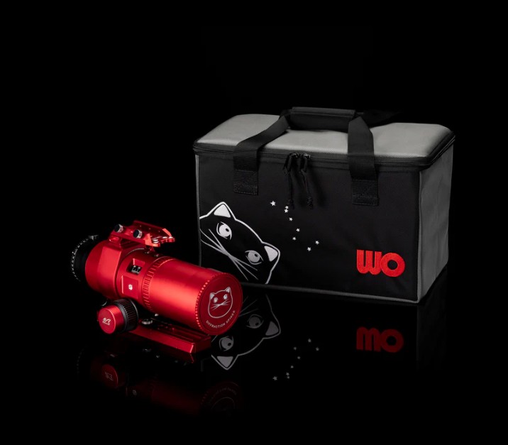 William Optics RedCat 51 Gen 3 a mall refractor telescope encased in a red metal housing with a black soft case carry bag.